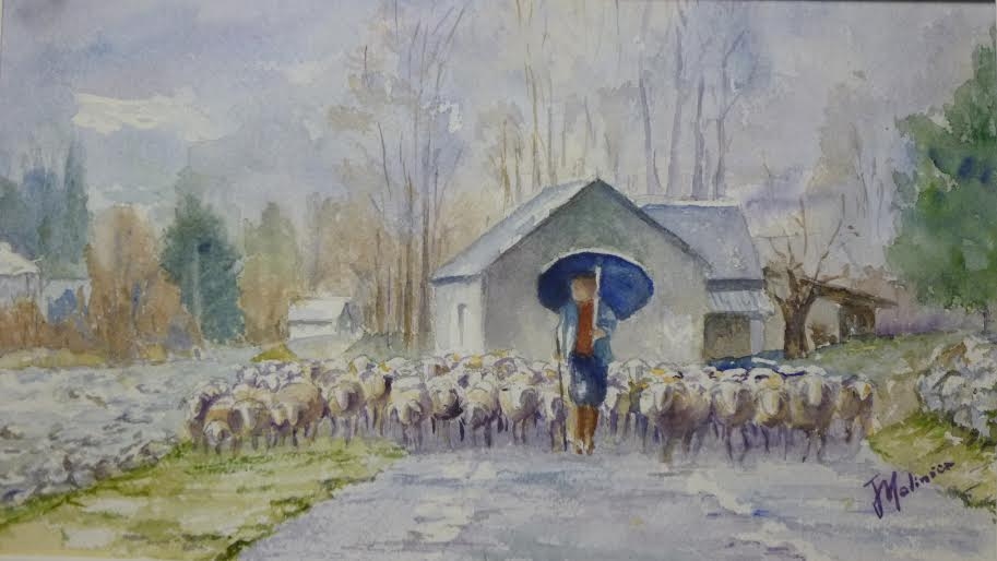 Aquarelle Norbert et son troupeau par J. Molinier